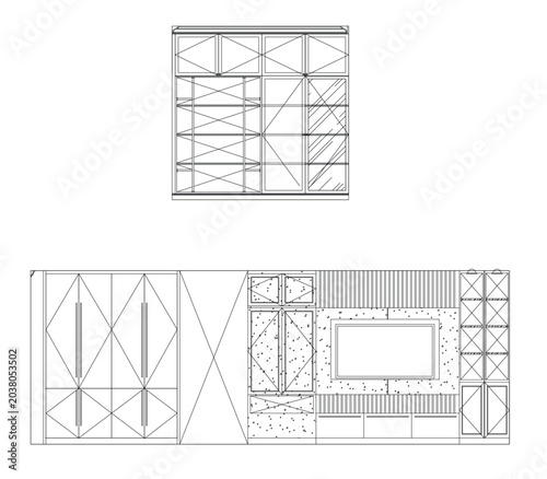 Canvastavla Furniture elevation drawing vector of storage cabinet with glass doors and built