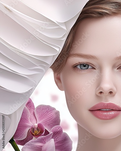 Serene Portrait of Woman with Rosy Complexion and Orchid Flower against Soft Background