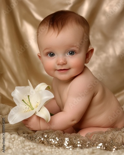 Adorable baby with fair skin holding a white lily on soft textured background