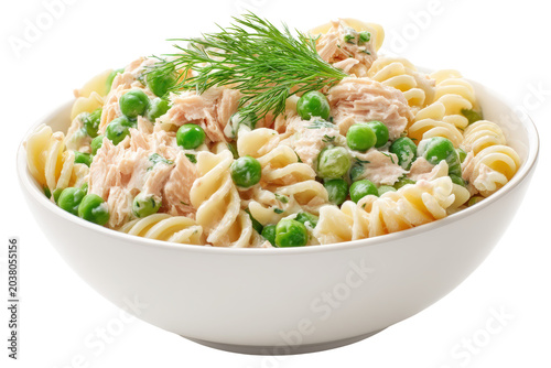 Creamy tuna pasta salad with fresh green peas and dill served in a white bowl isolated on transparent background for healthy lunch menu and professional culinary food