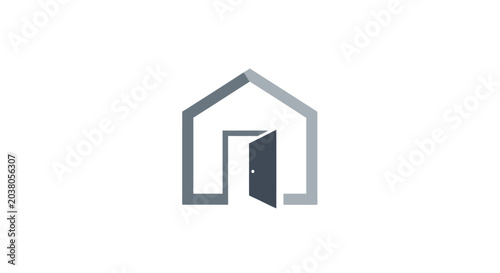 Minimalist geometric illustration of a house with an open door, modern design concept