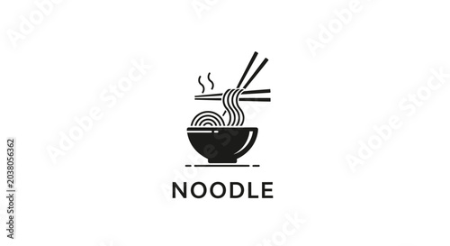Minimalist monochrome noodle bowl logo with chopsticks and steam, food icon for restaurant