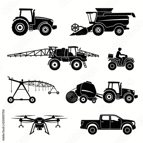 Collection of agricultural machinery and equipment icons, including tractors, harvesters, sprayers, ATVs, drones, and pickup trucks.