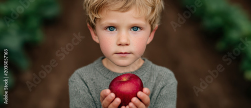 A child holds a bright red, genetically modified apple, gazing at it with wonder and curiosity, in a heartwarming
