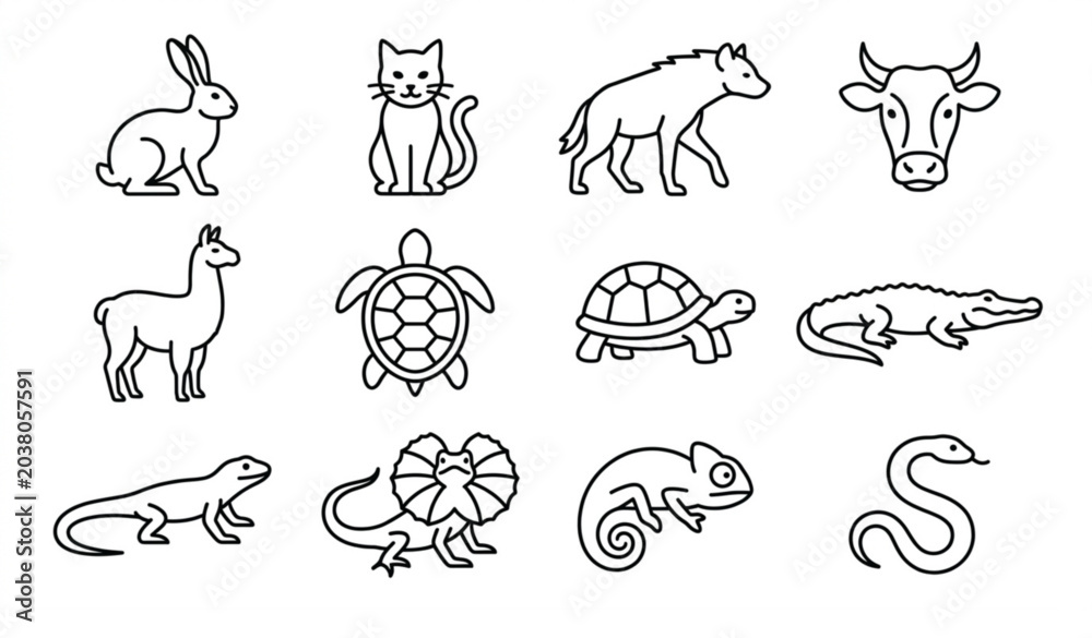 Obraz premium Animal line icon set with pets farm animals and reptiles minimalist outline vector collection