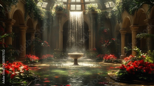 Luxurious indoor garden with fountain