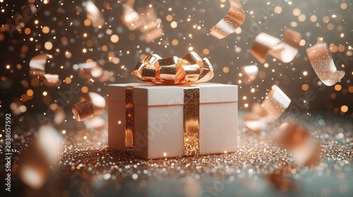 White gift box with golden ribbon in sparkling confetti