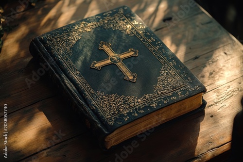 Antique book, golden cross, wooden table, sunlight, religious artifact, still life, photography