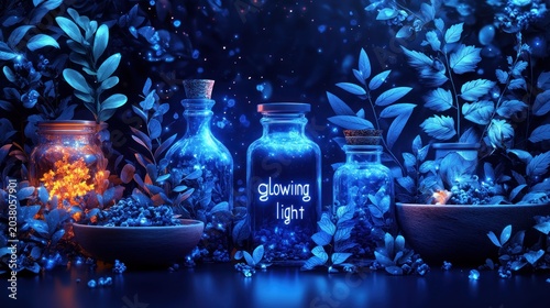 Glowing bottles, night, magical, decorative plants,  background.  Possible stock image