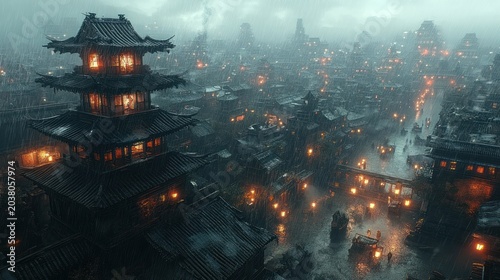 Aerial view of a rain-soaked Asian city, illuminated by lanterns, perfect for travel, fantasy, or entertainment backgrounds