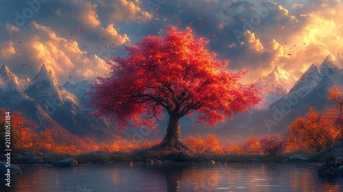Vivid red tree by a lake, mountains in background, serene autumn landscape
