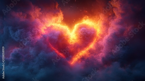 Fiery Heart in Stormy Clouds; Dramatic Sky; Abstract Love; Graphic Design; Background Image