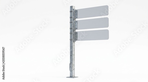 Three blank white street signs on a metal pole isolated on a clean white background.