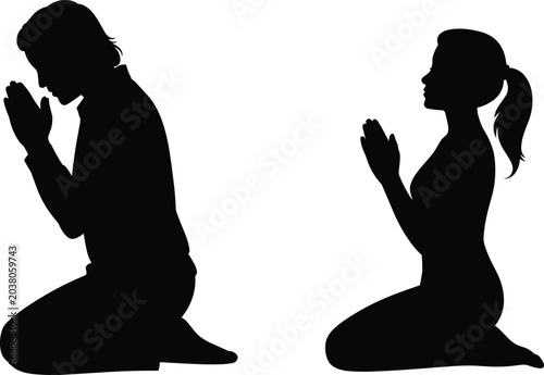 Obraz na plátně Black silhouette illustration of an adult man and woman kneeling and praying tog