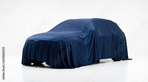 A new car hidden under a glossy blue satin cloth, isolated on a white background.