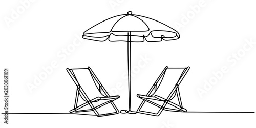 Bild auf Leinwand Empty beach chairs under striped umbrella on sunny day minimalist line art