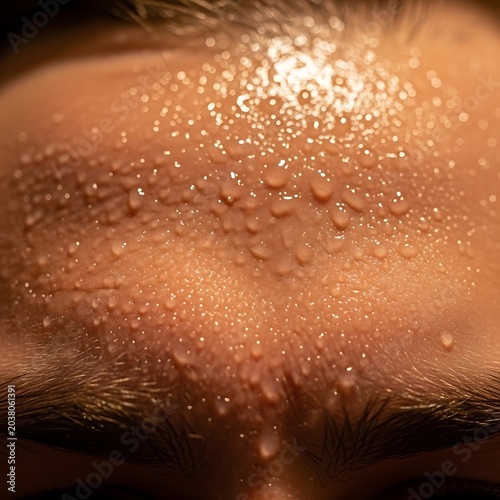Sweat on a persons forehead closeup.