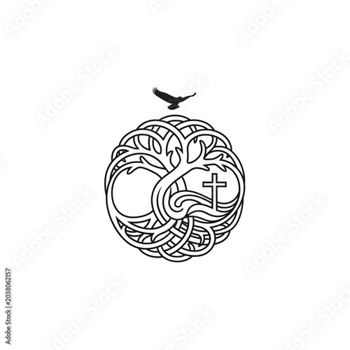 Celtic Tree of Life with Christian Cross and Flying Bird.