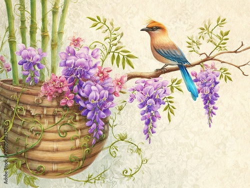 Blooming Wisteria, Perched Bird, and Decorated Basket in Vertical Composition
