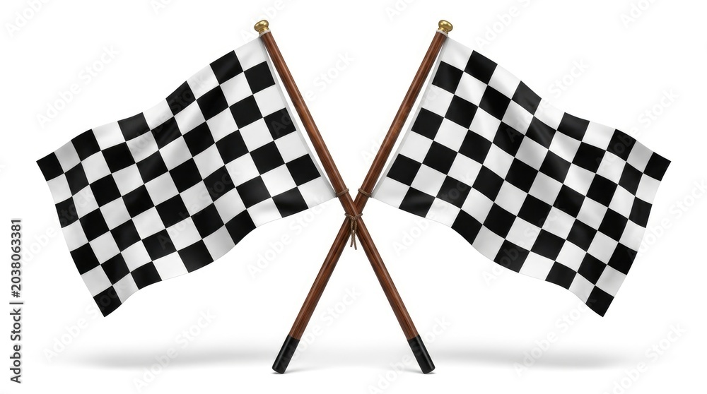 Fototapeta premium Two crossed black and white checkered racing flags on wooden poles isolated on a white background.