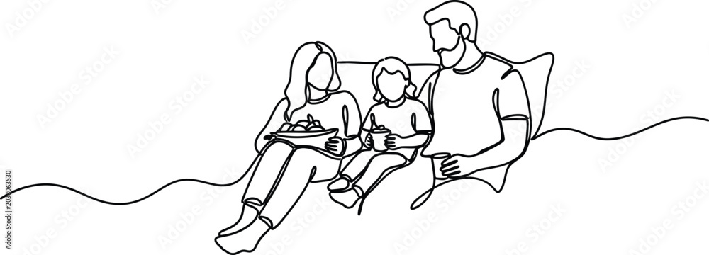Fototapeta premium Continuous Line Drawing of a Family Sitting Together and Eating at Home