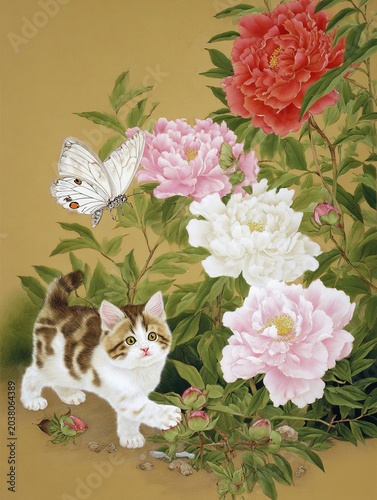 Soft Oriental Watercolor Scene with Tabby Kitten, Flowers and Delicate Butterfly Interaction