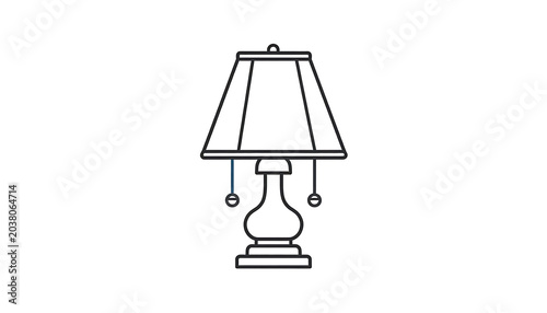 Table lamp outline, simple line art drawing of a classic desk lamp with pull chains, isolated on white