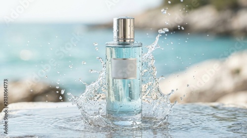 Fresh aquatic perfume bottle with water splash at the seaside