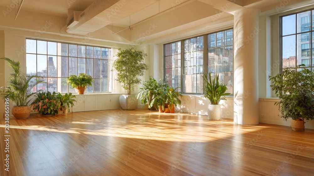 Fototapeta premium Loft interior with plants and large windows