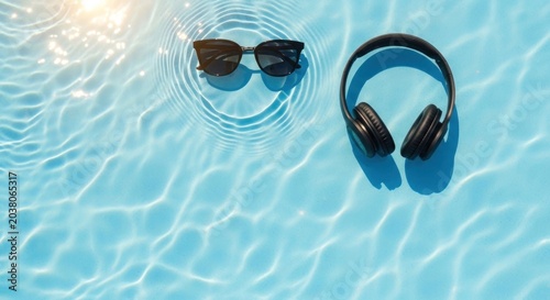 A serene pool scene with sunglasses floating on rippling water beside a pair of headphones