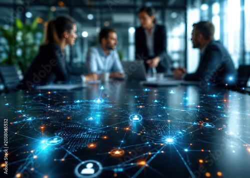 Business Team Meeting with Digital Network Connection Interface
