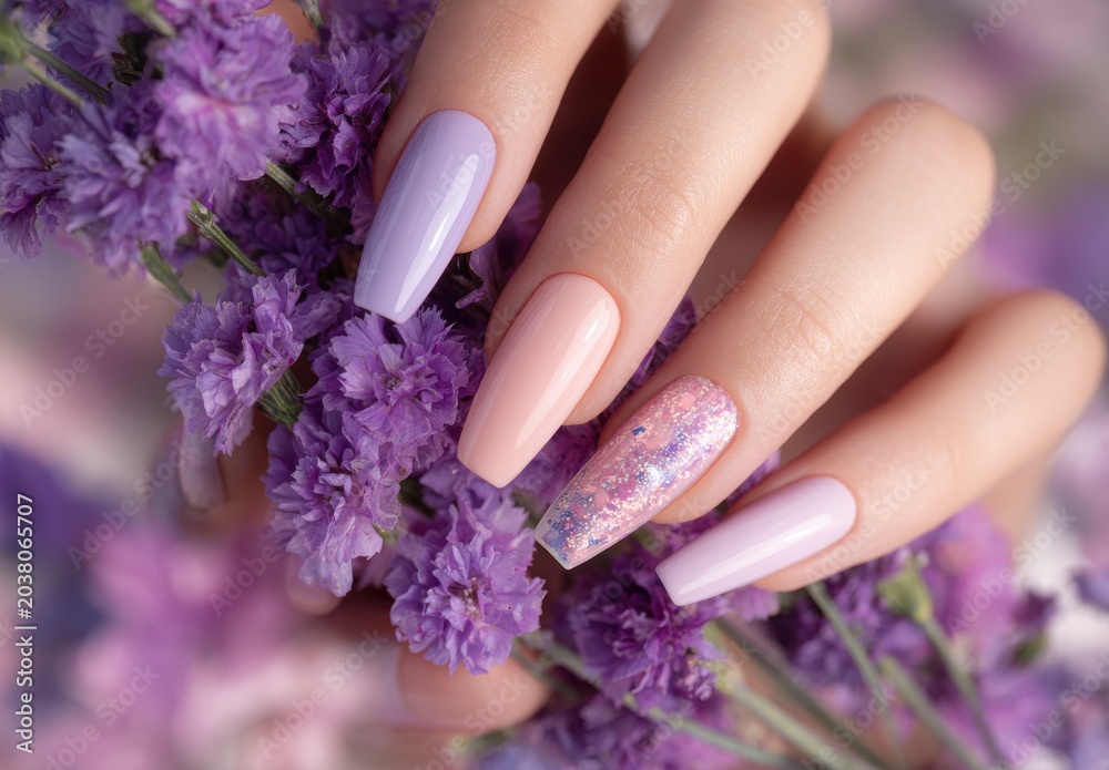 Fototapeta premium Close up of elegant female hand with long purple and pink manicure holding statice flowers manicure aesthetic lavender elegance decoration glamorous treatment creative cosmetic lifestyle