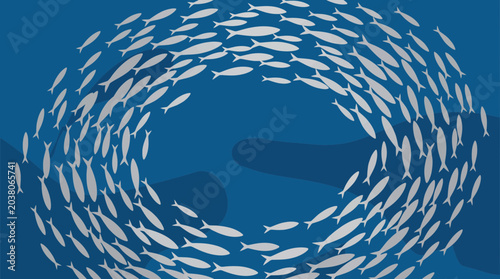 Obraz na plátně Shoal of Silver Fish Swirling in Deep Blue Ocean