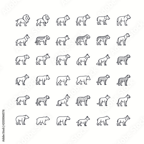 Canvas Print Collection of stylized line art icons representing various wild animals in profile view