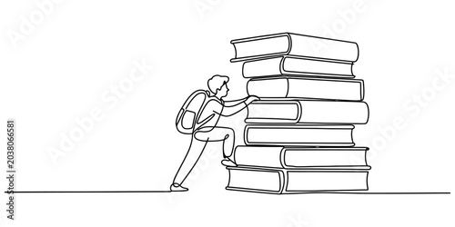 Obraz na płótnie Person struggling to carry heavy stack of books against white background minimal
