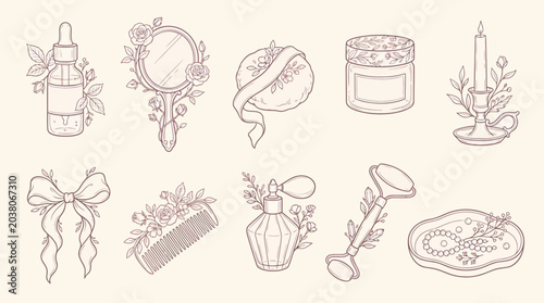 Foto Collection of vintage beauty and cosmetic items adorned with delicate floral illustrations, hand-drawn style