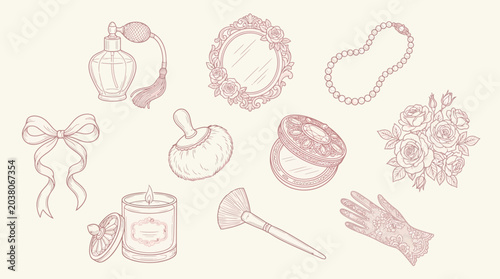 Foto Collection of vintage feminine beauty and cosmetic items, hand-drawn in a delicate pink outline style