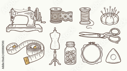 Photos Collection of vintage sewing and tailoring tools, including a sewing machine, scissors, thread, and measuring tape