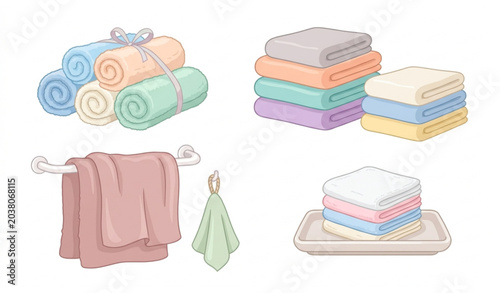Bathroom Textile Towels Collection with Rolled and Hanging Cloth Vector Illustration