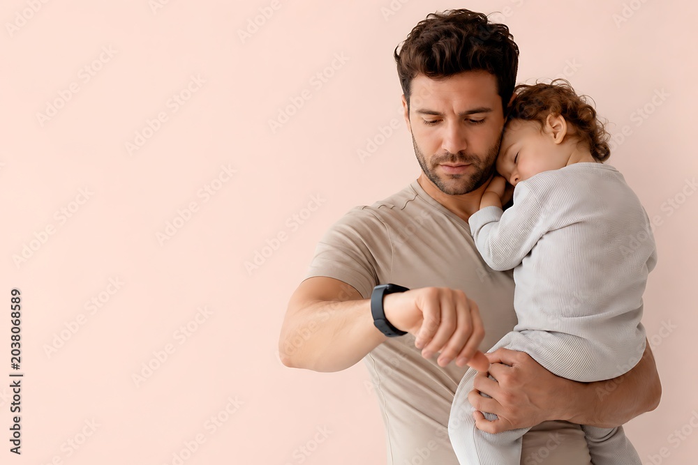 Obraz premium Young father balancing remote work and parenting while holding sleeping toddler in modern lifestyle portrait.