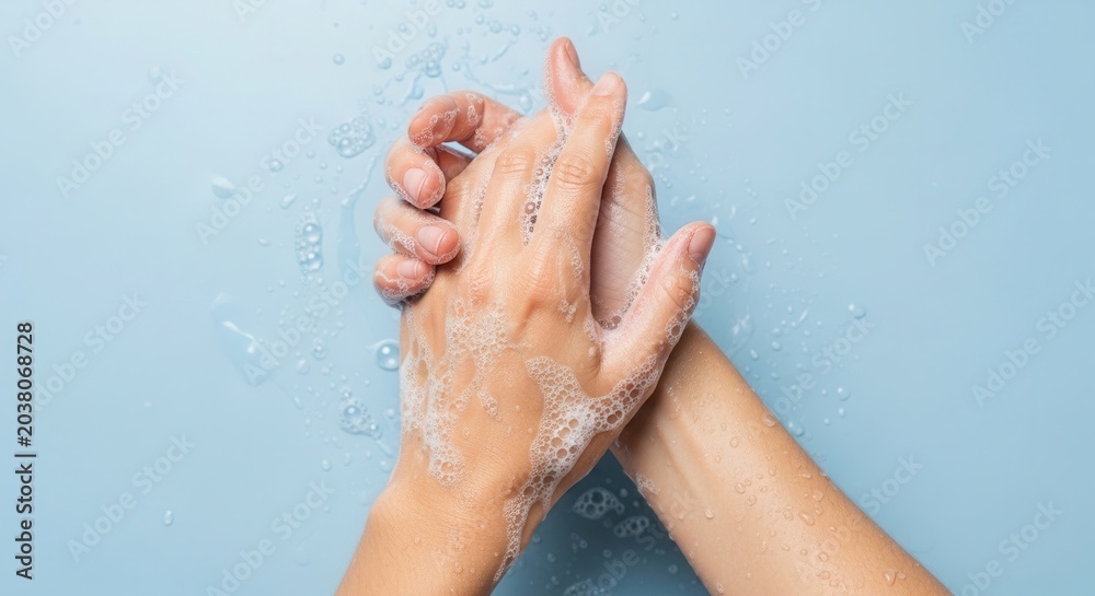 Fototapeta premium Hands washing with soap suds for hygiene against blue background.