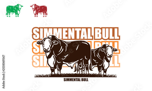 cattle simmental, standing in farm logo, silhouette of strong bull vector illustrations