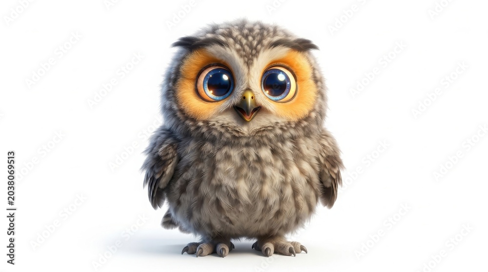 Obraz premium Adorable fluffy baby owl illustration with big eyes sitting and looking forward digital art illustration wildlife adorable innocent character