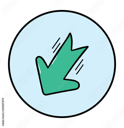 Hand Drawn Down Arrow Icon Vector Illustration, Creative Direction Pointer Symbol, Navigation UI Interface Sign, Doodle Cursor Arrow Design, Flat Cartoon Arrow Button