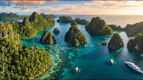 Tropical limestone islands surrounded by boats in turquoise bay.