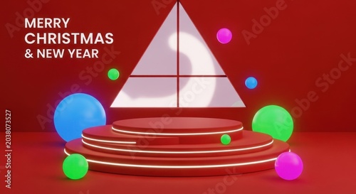 A festive holiday graphic features a red background with a white triangular prism and colorful orbs surrounding a multi-tiered platform