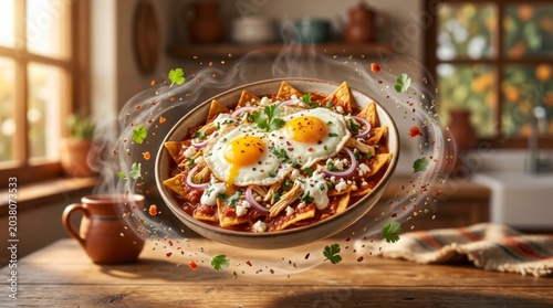Floating Mexican chilaquiles with fried eggs and steaming garnish