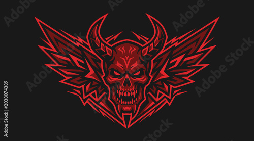 Fotografía Red Horned Skull with Wings Graphic Design.
