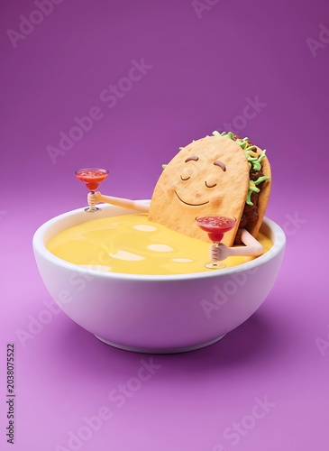 Funny Anthropomorphic Taco Character Relaxing In Melted Cheese Dip Bowl Holding Salsa Cocktails