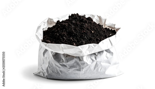 A crumpled aluminum foil bag overflowing with dark brown soil on a plain white surface with empty space around it